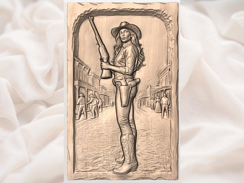 Frontier Cowgirl with Rifle on a Dusty Old West Street bas-relief STL — view 2