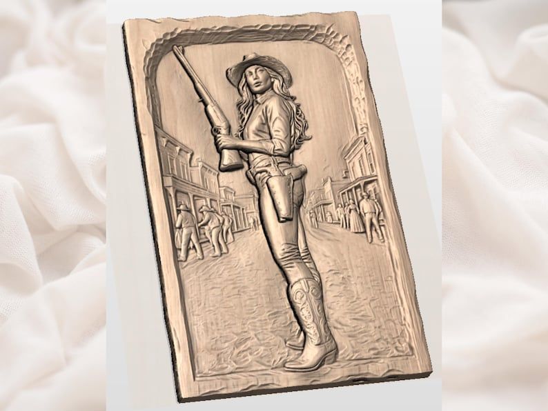Frontier Cowgirl with Rifle on a Dusty Old West Street bas-relief STL — view 3