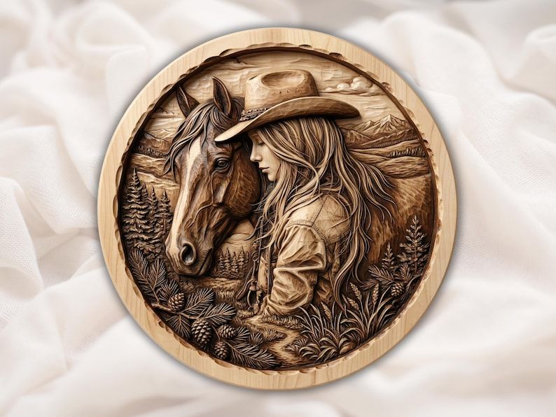 Round wood relief carving of a cowgirl resting her head against a horse with pines and mountains behind them