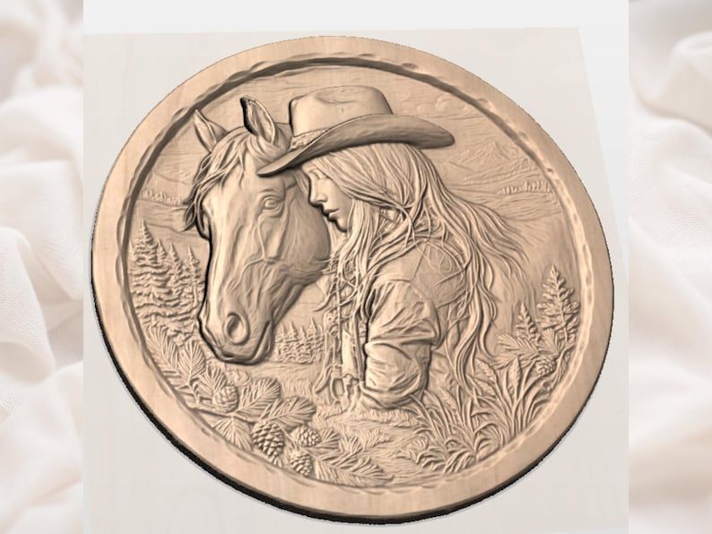 Cowgirl Resting Her Head on a Horse Round Relief STL bas-relief STL — view 2