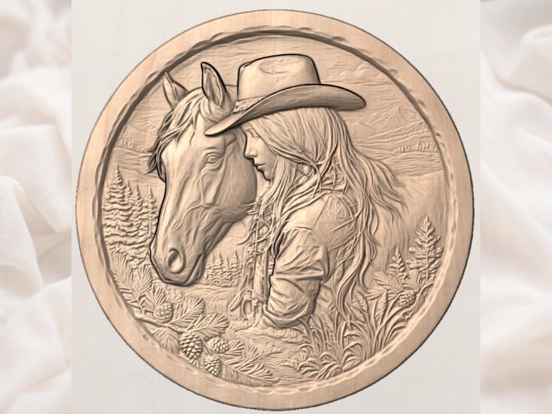 Cowgirl Resting Her Head on a Horse Round Relief STL bas-relief STL — view 3