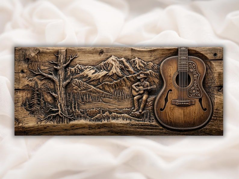 Carved wood relief of a cowboy playing guitar under mountains beside a large acoustic guitar