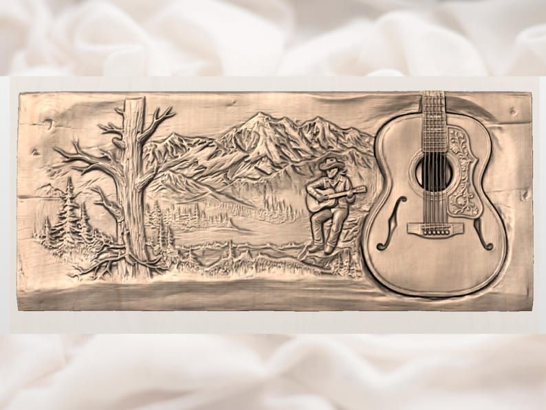 Cowboy Guitarist and Mountain Acoustic Guitar Relief STL bas-relief STL — view 2
