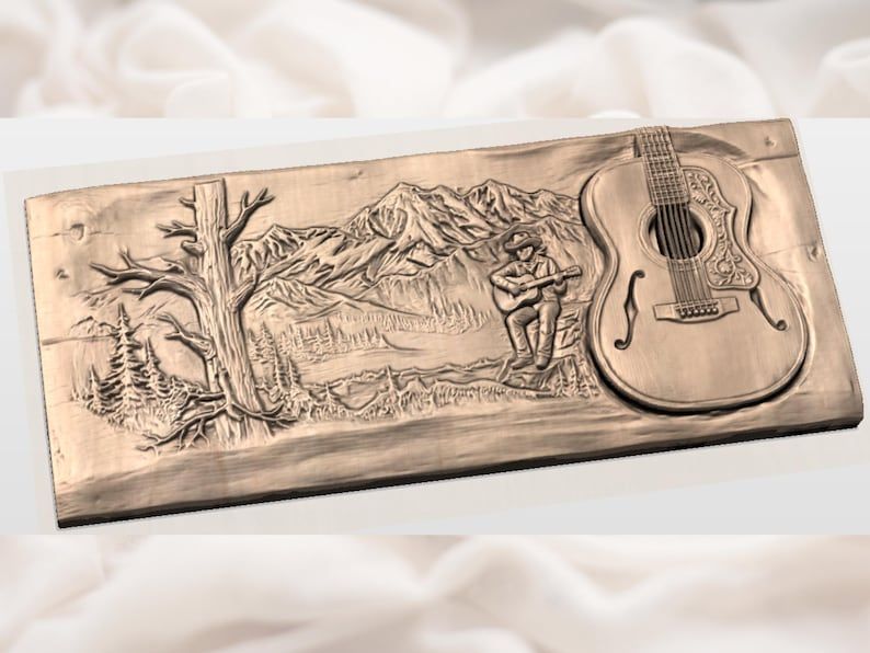 Cowboy Guitarist and Mountain Acoustic Guitar Relief STL bas-relief STL — view 3