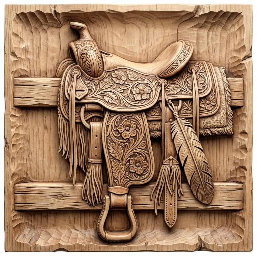Western Heritage Saddle Bas Relief | Cowboy Equestrian Wall Art | Rustic Horse Lover Decor | Intricate Wood Carving Design — carved bas relief STL file for CNC