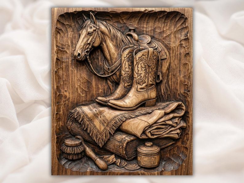Carved wood relief of a horse, tooled cowboy boots, saddle, folded fringed blanket and a brush on a panel.