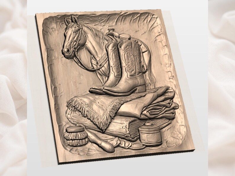 Western Horse, Cowboy Boots and Saddle Bas-Relief STL bas-relief STL — view 2