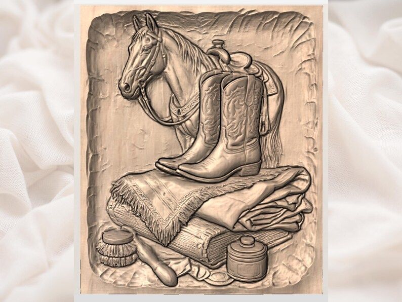 Western Horse, Cowboy Boots and Saddle Bas-Relief STL bas-relief STL — view 3