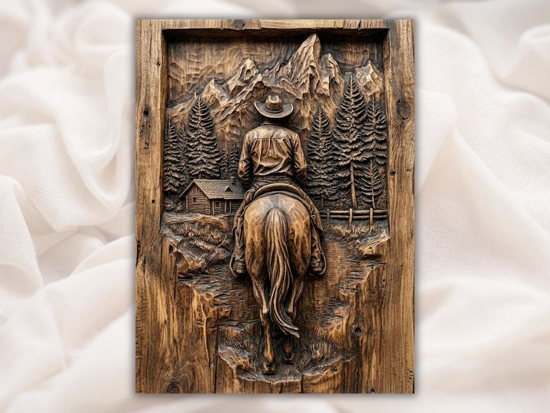 Wood-carved bas-relief of a cowboy riding a horse toward mountains, with pine trees and a log cabin