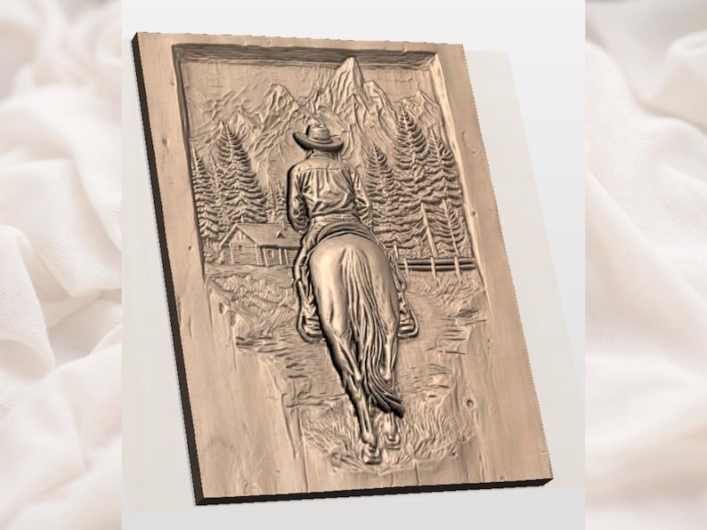 Cowboy on Horseback Riding Toward the Mountains Relief STL bas-relief STL — view 2