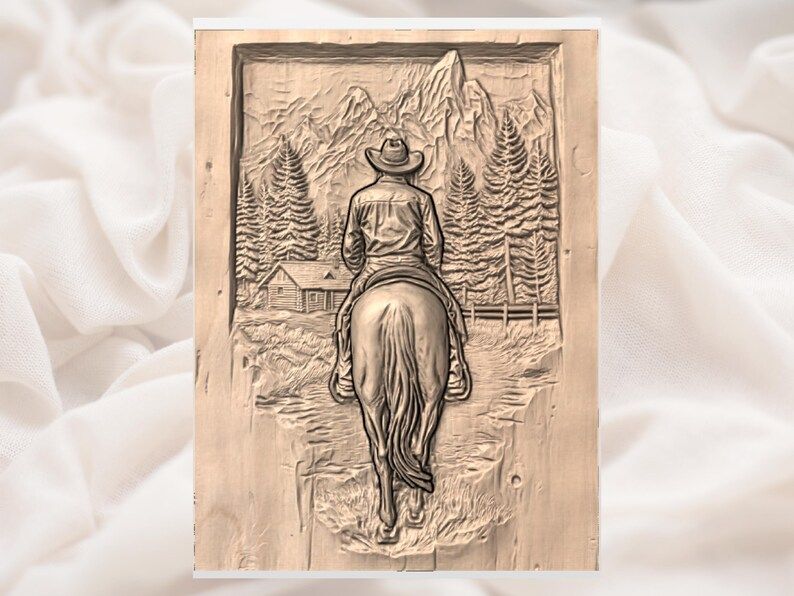 Cowboy on Horseback Riding Toward the Mountains Relief STL bas-relief STL — view 3