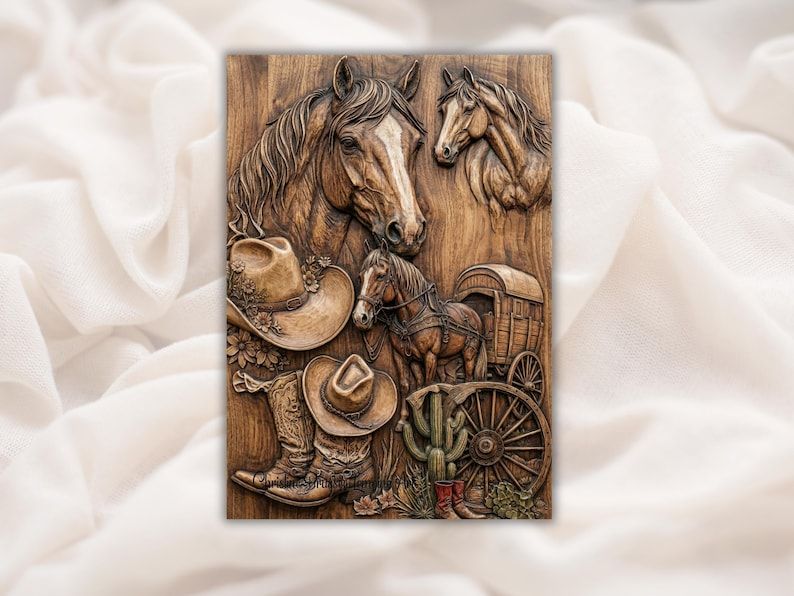 Bas-relief carving of two horses, cowboy hat, leather boots, wooden wagon, wheel, and cactus on wood grain panel.