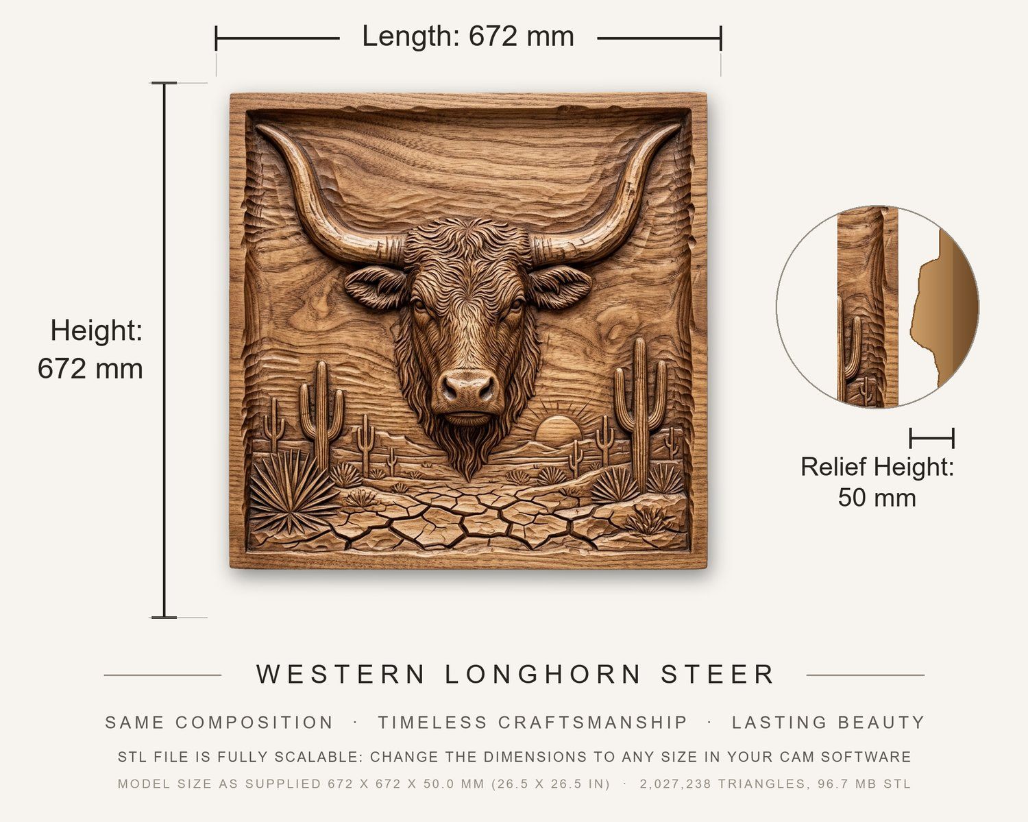Western Longhorn Steer CNC Relief STL bas-relief STL — view 3