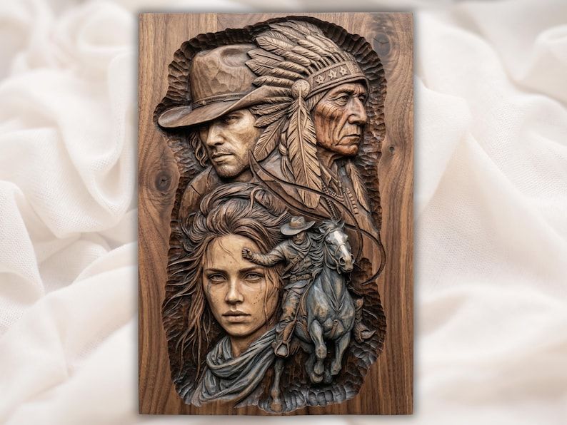 Carved wood bas-relief of a cowboy, feather-headdress chief, woman's face, and a rider on horseback.
