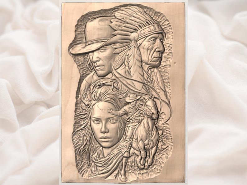 Frontier Saga Bas-Relief: Cowboy, Chief and Horse Rider STL bas-relief STL — view 2