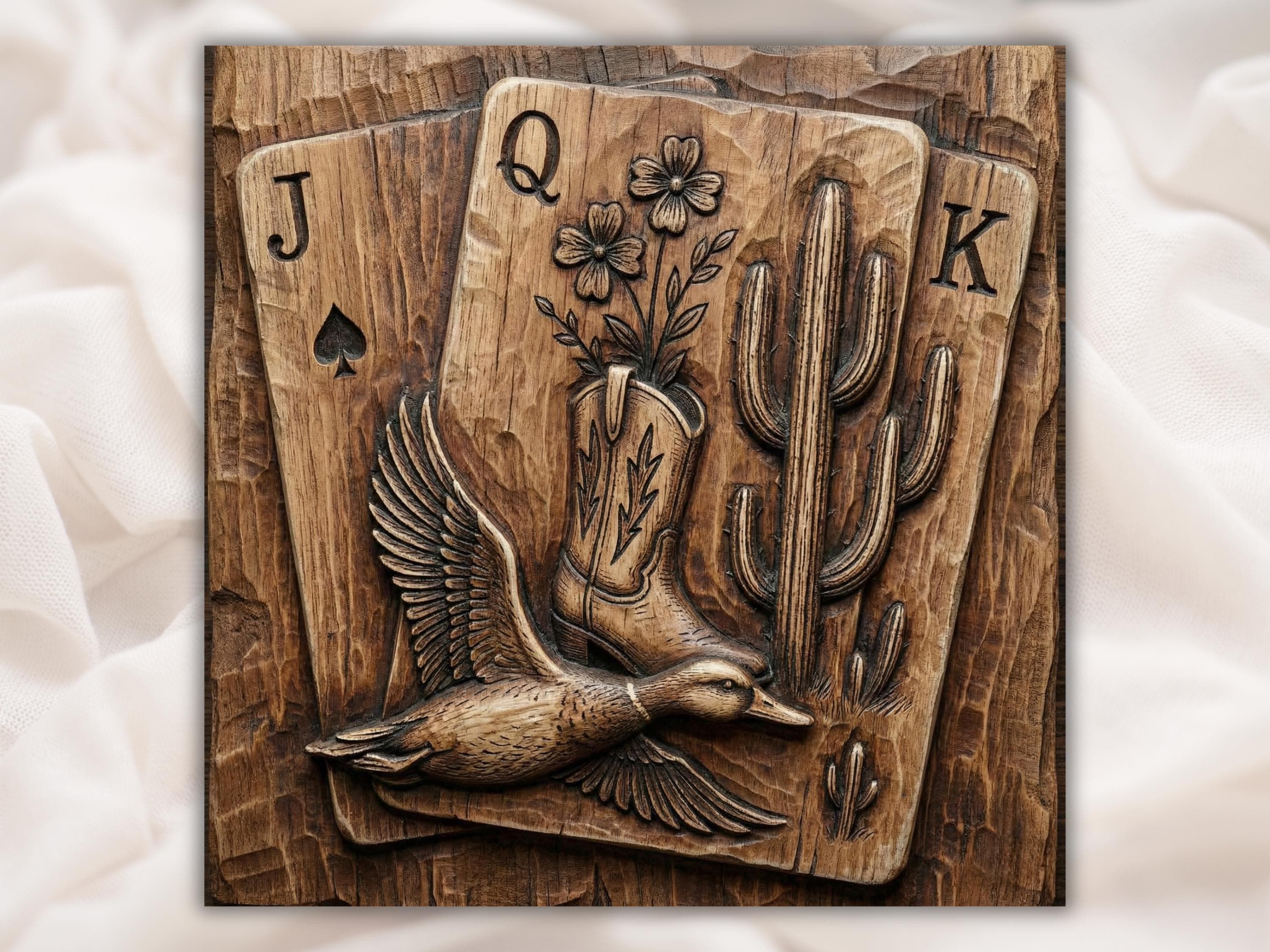 Carved wood relief of a Queen card with cowboy boot holding flowers, a cactus, and a flying duck below.