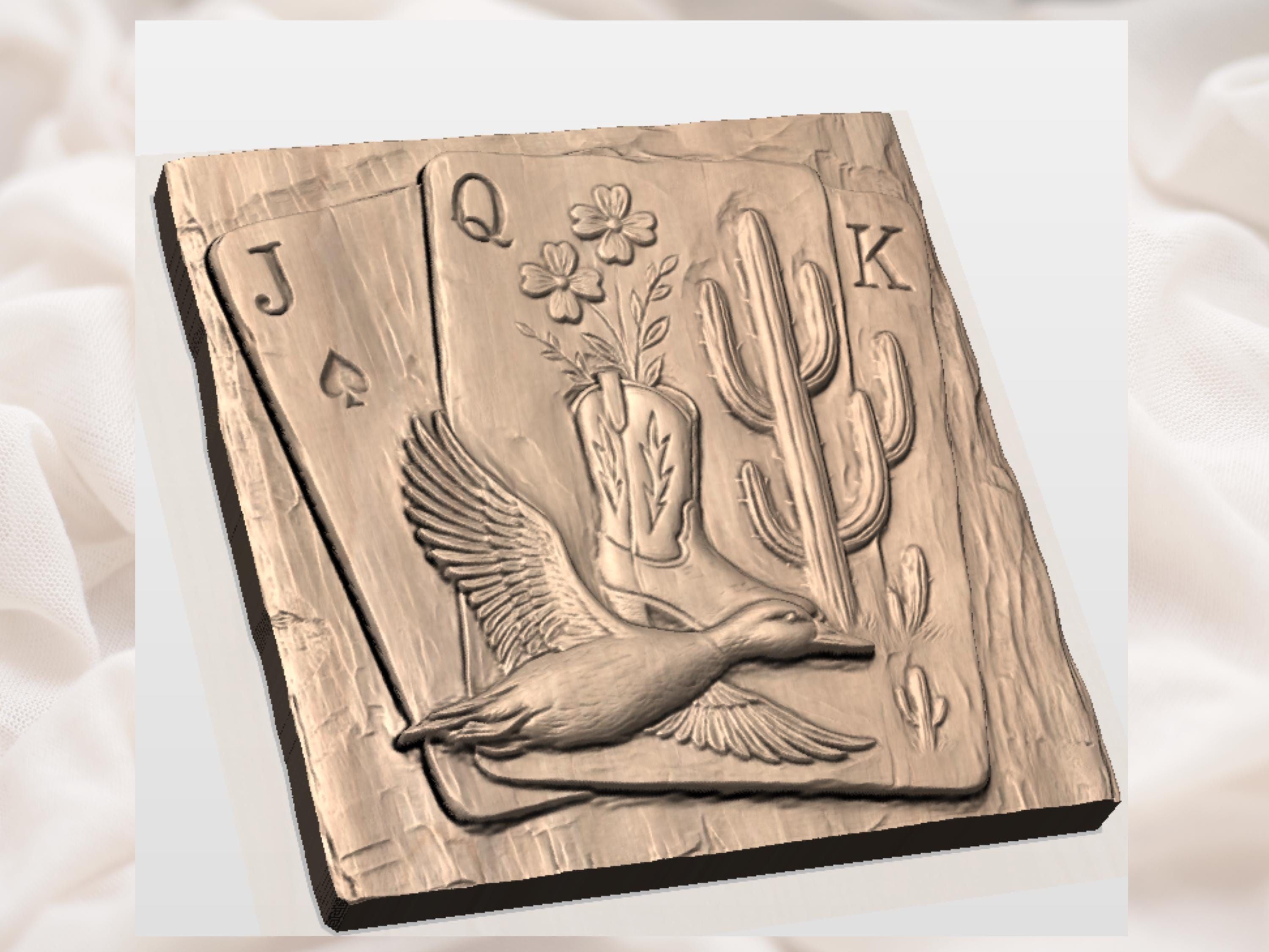 Western Queen Card Bas-Relief: Cowboy Boot, Cactus, Flying Duck STL bas-relief STL — view 2