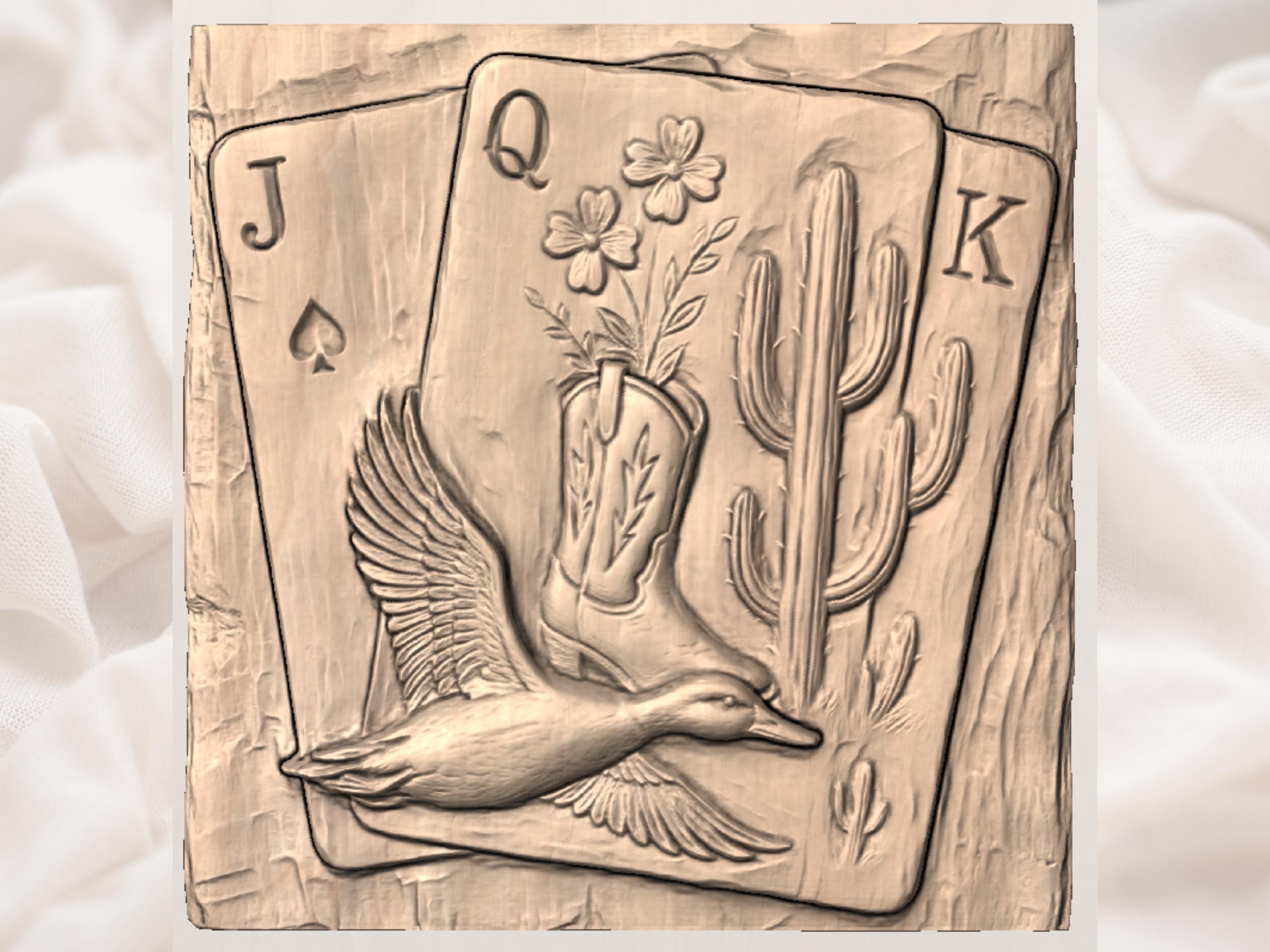 Western Queen Card Bas-Relief: Cowboy Boot, Cactus, Flying Duck STL bas-relief STL — view 3