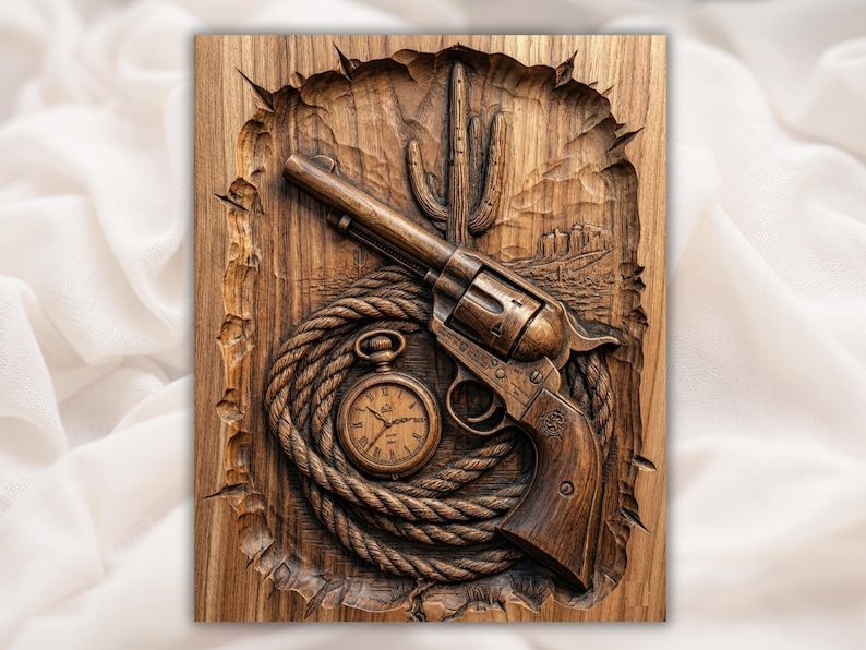 Carved wood relief of a western revolver over a coiled lasso, pocket watch, and saguaro cactus in the desert.