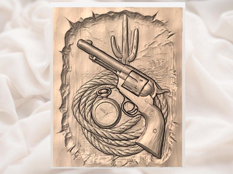 Six-Shooter, Pocket Watch & Lasso Western Relief STL bas-relief STL — view 2