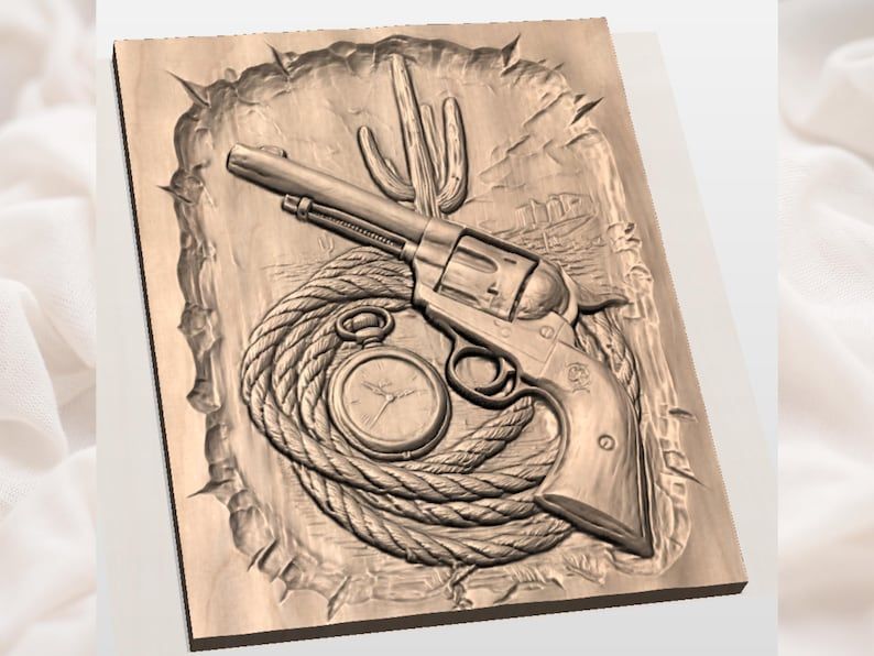 Six-Shooter, Pocket Watch & Lasso Western Relief STL bas-relief STL — view 3
