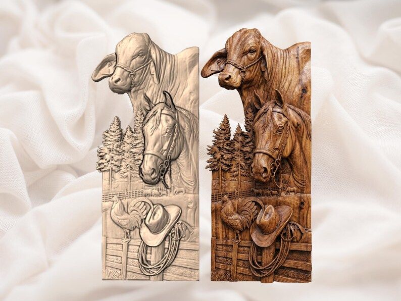 Ranch Cattle, Horse, and Cowboy Hat Bas-Relief STL bas-relief STL — view 2
