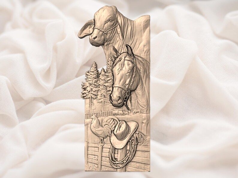 Ranch Cattle, Horse, and Cowboy Hat Bas-Relief STL bas-relief STL — view 3