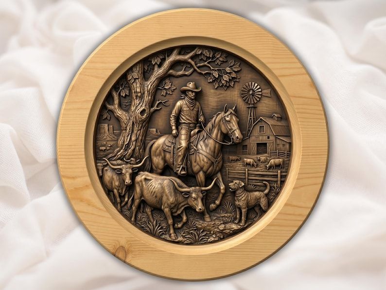 Round bas-relief carving of a cowboy on horseback with longhorns, dog, barn, windmill and old tree on a ranch.