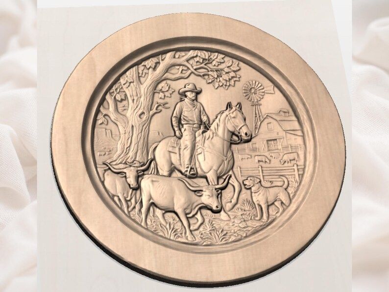 Cowboy on Horseback Ranch Scene Round Bas-Relief STL bas-relief STL — view 2
