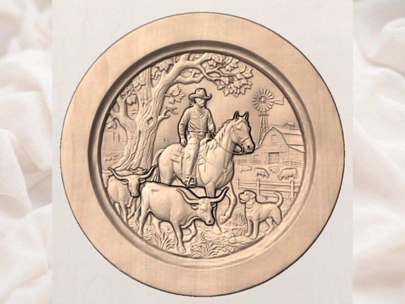 Cowboy on Horseback Ranch Scene Round Bas-Relief STL bas-relief STL — view 3