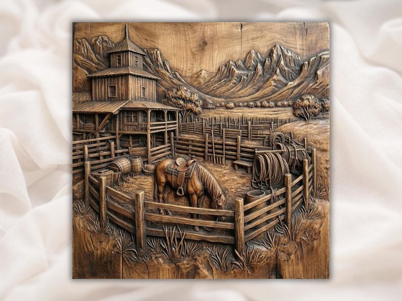 Carved wood bas-relief of a saddled horse in a ranch corral with barn, fencing, rope, and mountains