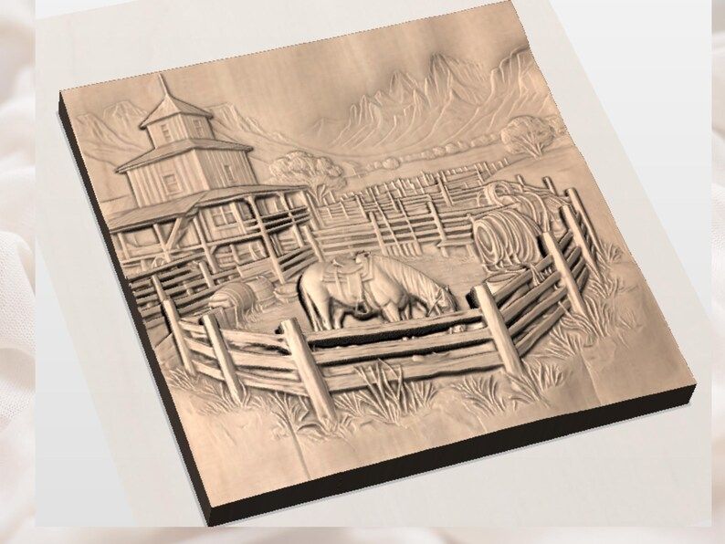 Western Ranch Corral with Saddled Horse Bas-Relief STL bas-relief STL — view 2