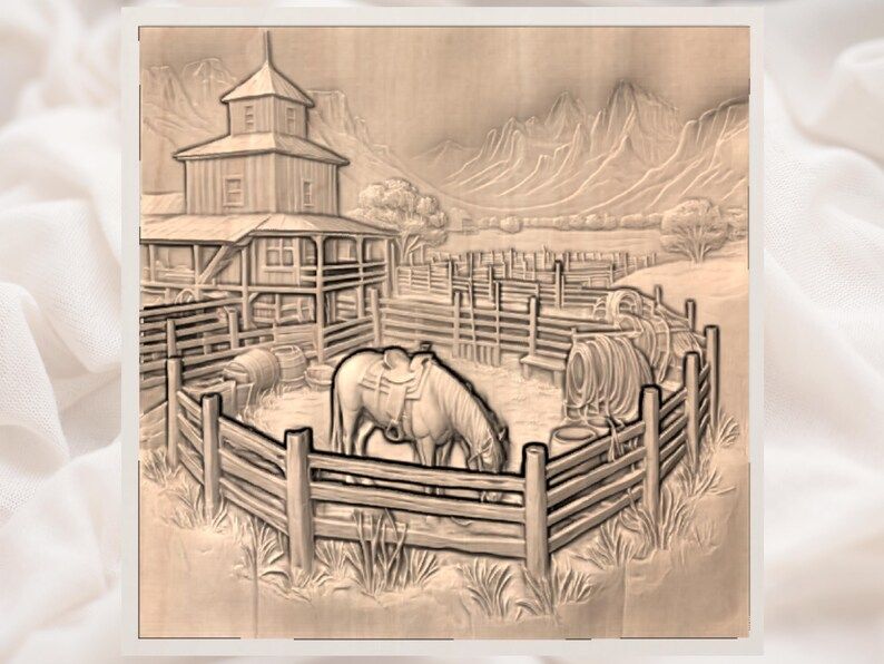 Western Ranch Corral with Saddled Horse Bas-Relief STL bas-relief STL — view 3