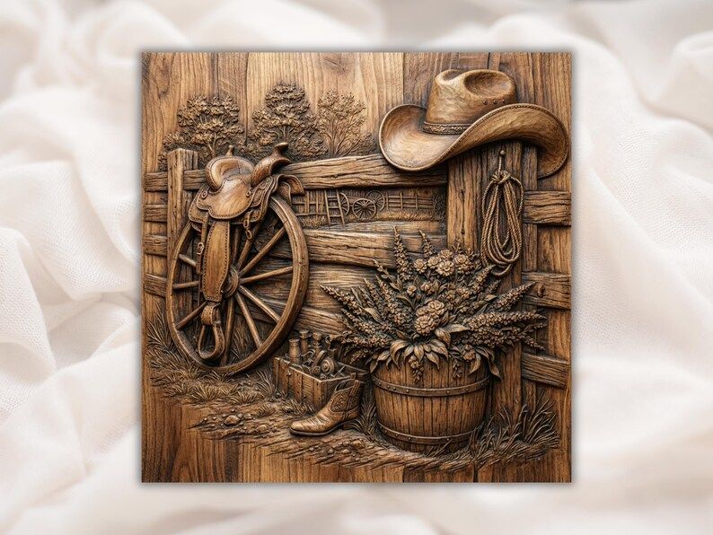 Carved wood relief of a western saddle on a wagon wheel, cowboy hat, rope, boots, and flower barrel by a fence.
