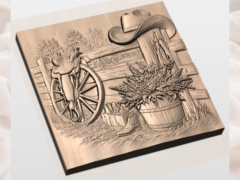 Western Ranch Still Life Relief: Saddle, Hat, Boots STL bas-relief STL — view 2