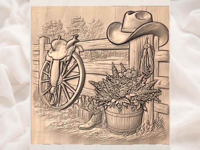 Western Ranch Still Life Relief: Saddle, Hat, Boots STL bas-relief STL — view 3