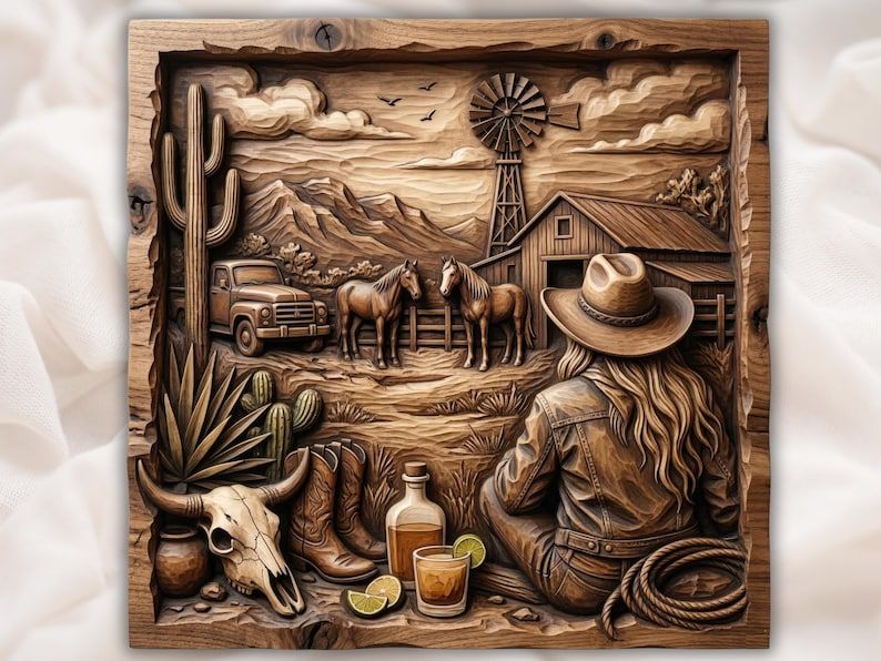 Carved wood relief of a cowgirl watching horses by a barn and windmill, with cactus, truck, boots and steer skull.