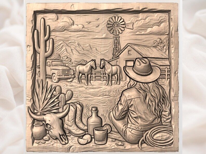 Cowgirl at the Ranch STL, Western Desert Bas-Relief Carving bas-relief STL — view 2