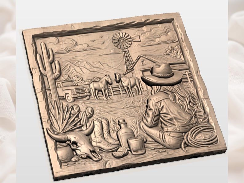 Cowgirl at the Ranch STL, Western Desert Bas-Relief Carving bas-relief STL — view 3