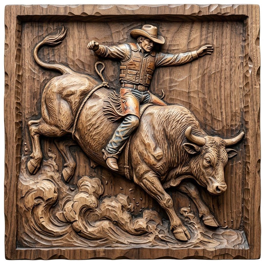 Western Rodeo Bull Rider Wall Art | Rustic Cowboy Carving Panel | Masculine Home Decor Design | Woodworking Router Project — carved bas relief STL file for CNC