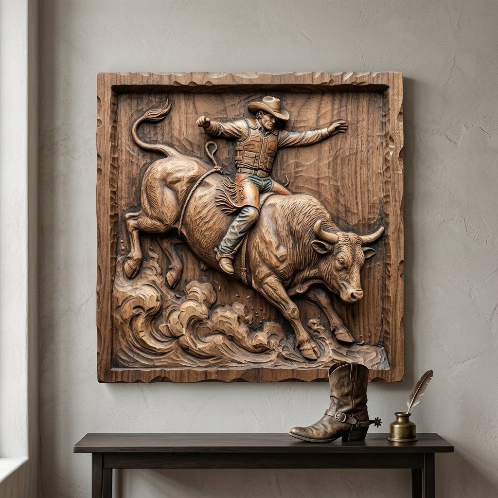 Western Rodeo Bull Rider Wall Art bas-relief STL — view 6