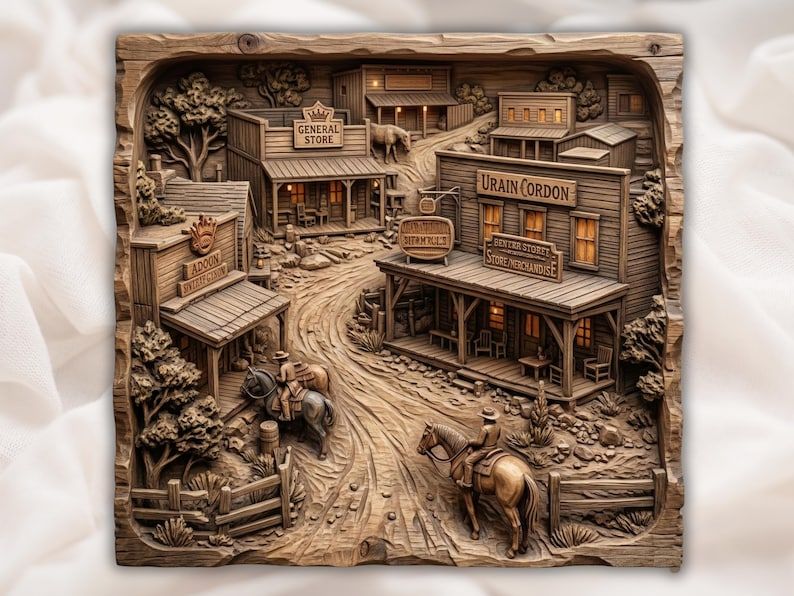 Carved wood bas-relief of an Old West town street with storefronts, saloon, and two cowboys on horseback.