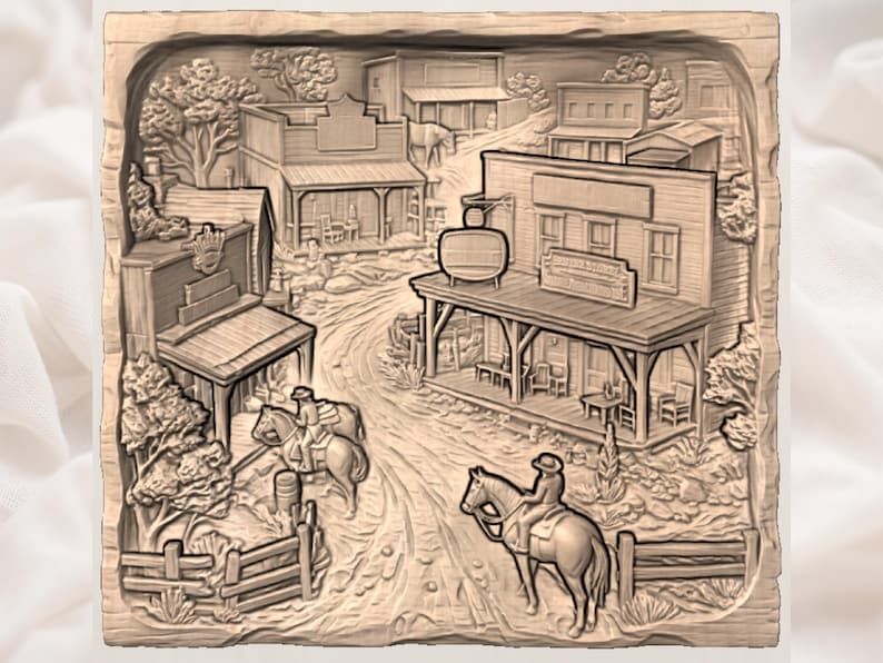 Old West Town Street Scene Bas-Relief STL with Cowboys on Horseback bas-relief STL — view 2