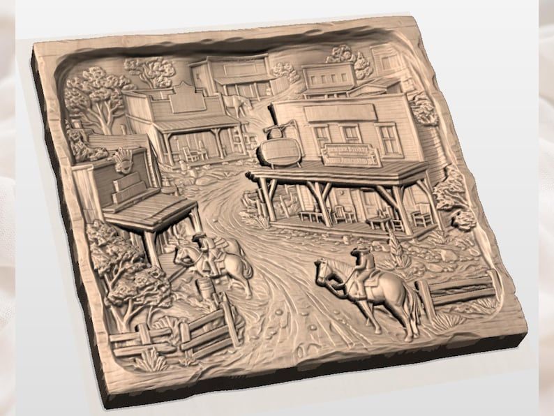 Old West Town Street Scene Bas-Relief STL with Cowboys on Horseback bas-relief STL — view 3