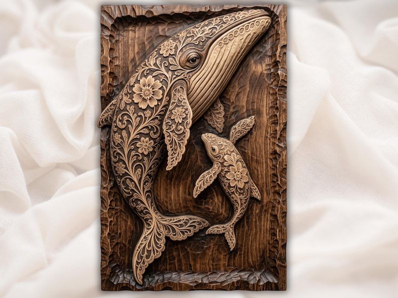 Bas-relief wood carving of a humpback whale and calf covered in floral scrollwork on a panel