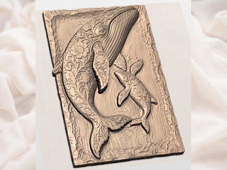 Floral Humpback Whale and Calf Bas-Relief STL Carving bas-relief STL — view 2