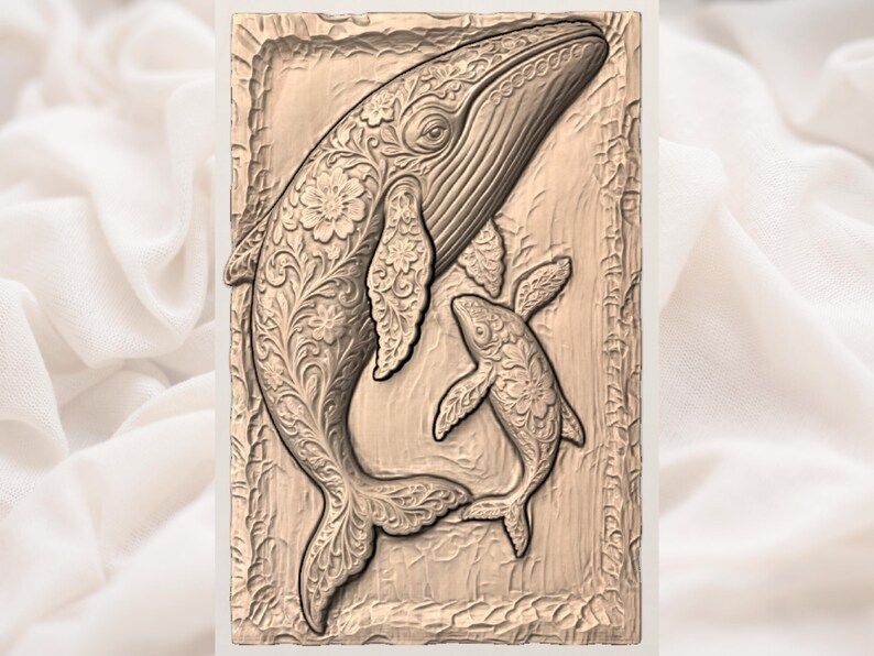 Floral Humpback Whale and Calf Bas-Relief STL Carving bas-relief STL — view 3