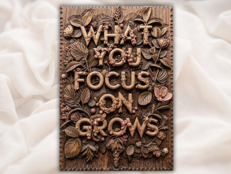 Carved wood relief panel reading What You Focus On Grows framed by leaves, berries and blossoms