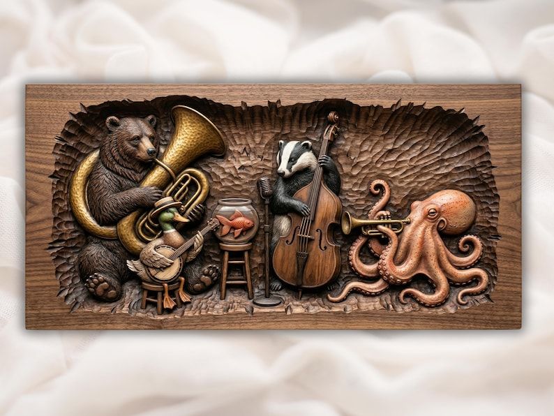Carved wood relief of a bear playing tuba, badger on upright bass, duck with banjo and octopus holding a trumpet.
