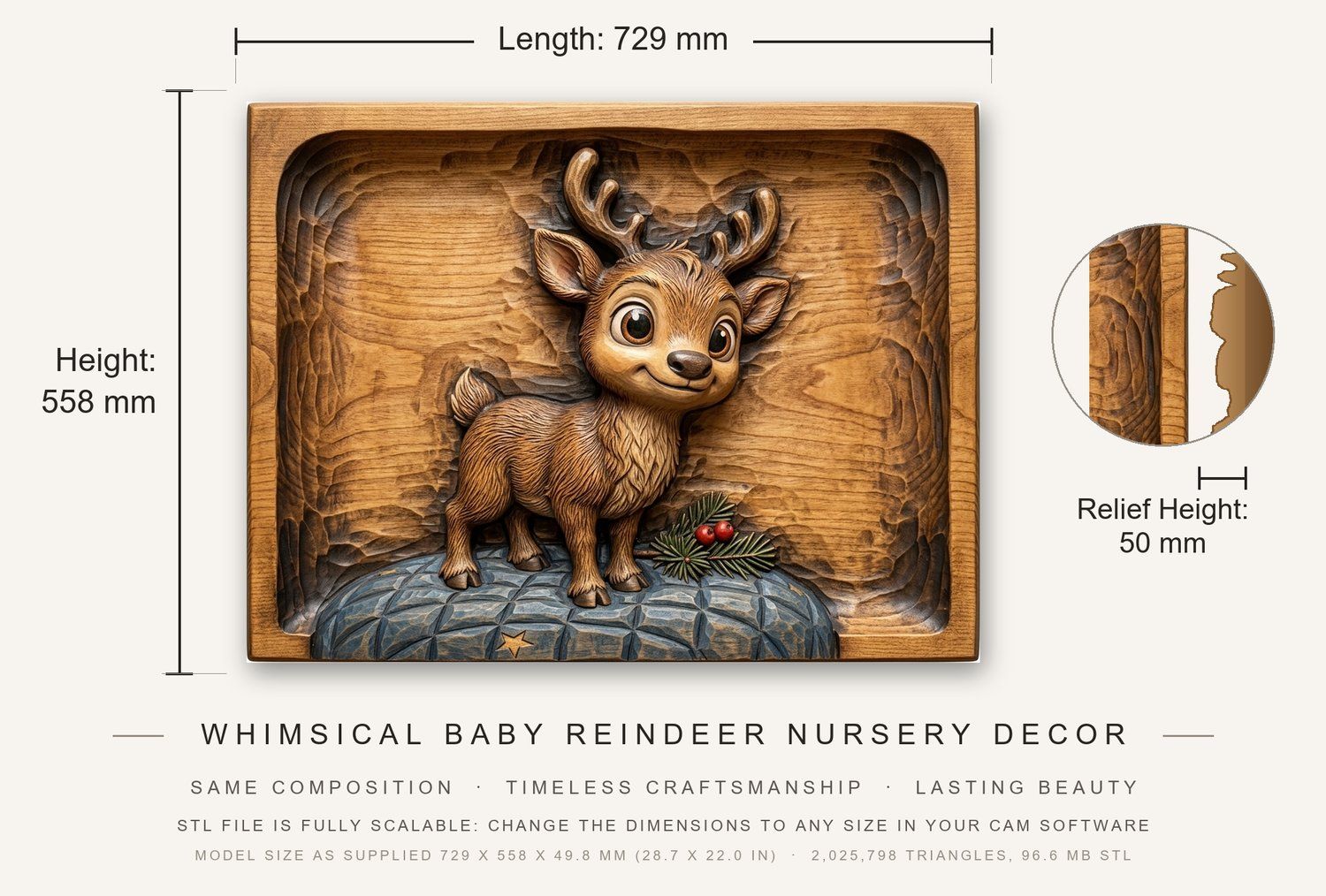 Whimsical Baby Reindeer Nursery Decor CNC Relief STL bas-relief STL — view 3